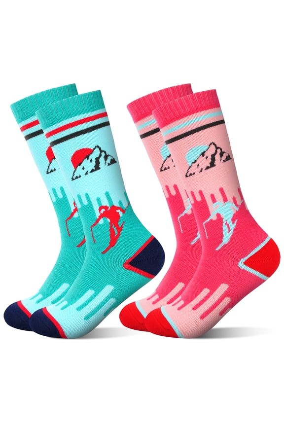 Kid's Ski Socks, 2 Pairs Long Thick Ski Socks with Featuring Snowman and Sunrise Patterns, Suitable for Boys' and Girls' Aged 3-12 Year
