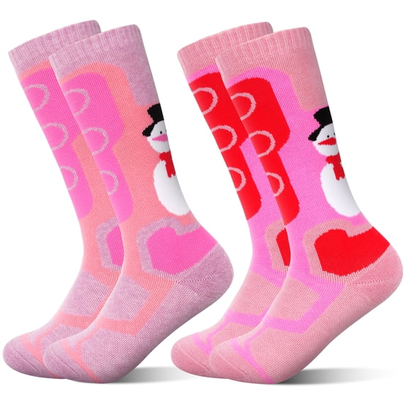 Kid's Ski Socks, 2 Pairs Long Thick Ski Socks with Featuring Snowman and Sunrise Patterns, Suitable for Boys' and Girls' Aged 3-12 Year