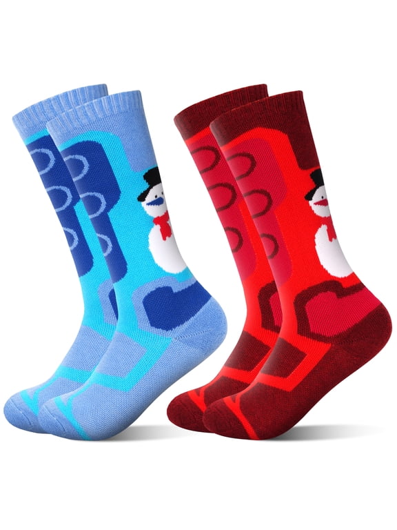 Kid's Ski Socks, 2 Pairs Long Thick Ski Socks with Featuring Snowman and Sunrise Patterns, Suitable for Boys' and Girls' Aged 3-12 Year