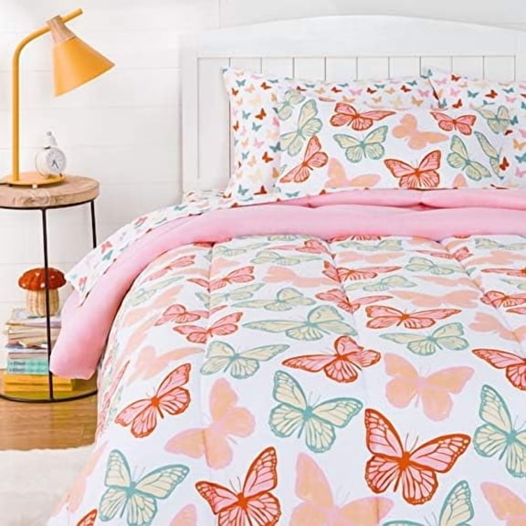 Kid's Soft, Easy Care Microfiber Bed-in-a-Bag 5-Piece Bedding Set, Twin, Butterfly Friends