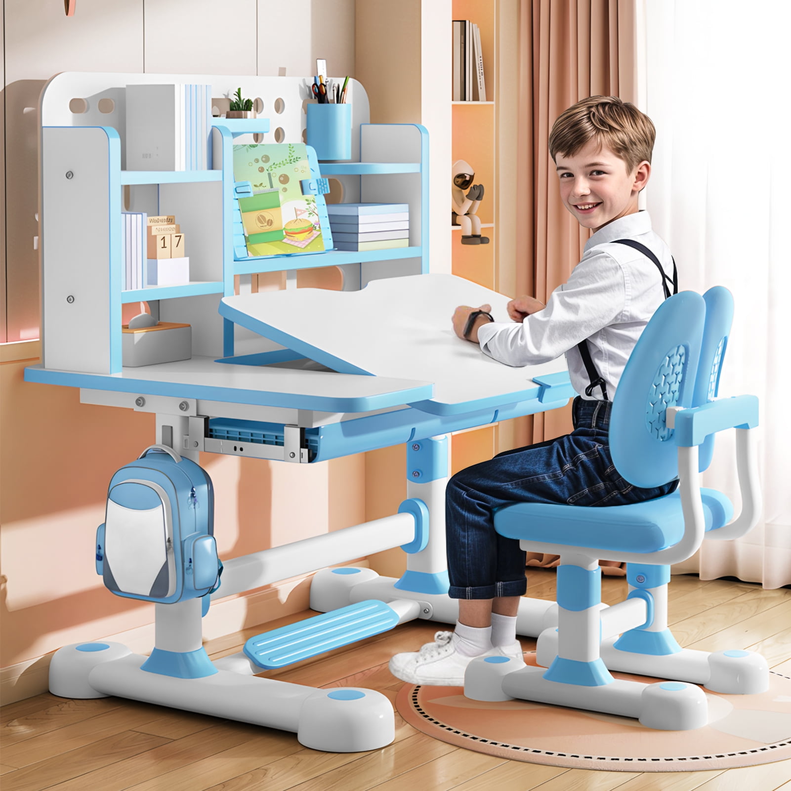 Kid's Study Desk And Chair Set, Height Adjustable Children's Desk And Chair Set with Bookshelf And Storage Drawer, 50-Degree Tiltable Desktop Study Table with Chair for Bedroom Study Room-Blue