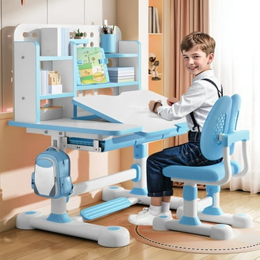 Kid's Study Desk And Chair Set, Height Adjustable Children's Desk And Chair Set with Bookshelf And Storage Drawer, 50-Degree Tiltable Desktop Study Table with Chair for Bedroom Study Room-Blue