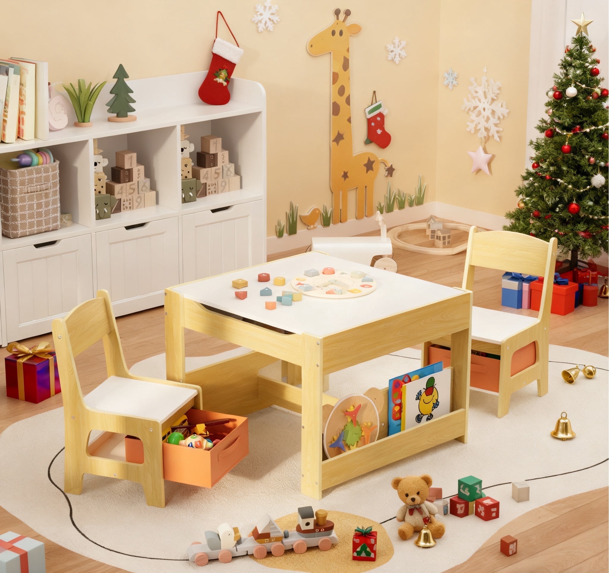 Kid's Table and Chair Set, Asofer 4-in-1 Kids Set with Bookshelves Storage Drawer, Removable Desktop for Drawing Playing Studying Eating, White/Gray