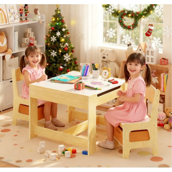 Kid's Table and Chairs Set, Asofer Toddler Craft Table with Removable Desktop Storage, Versatile for Playing Studying Eating, White/Gray