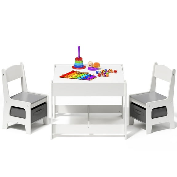 Kid's Table and Chairs Set, Asofer Toddler Craft Table with Removable Tabletop Storage for Playing Studying Eating, White&Gray