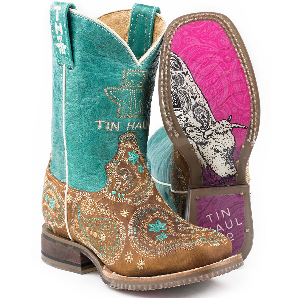 Kid's Tin Haul Pretty Paisley Boots Handcrafted Tan