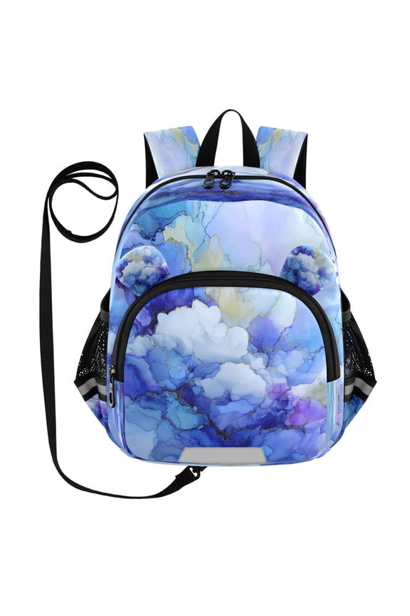 Kid's Toddler Backpack with Safety Leash Lightweight Bookbag with Reflective Strips Blue Ink Clouds Small