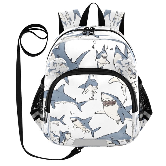 Kid's Toddler Backpack with Safety Leash Lightweight Bookbag with Reflective Strips Blue Shark with White Belly Small