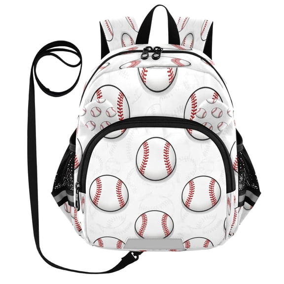 Kid's Toddler Backpack with Safety Leash Lightweight Bookbag with Reflective Strips Cartoon-style White Baseball Small