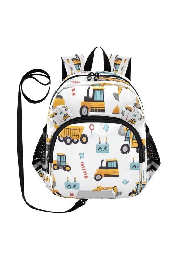 Kid's Toddler Backpack with Safety Leash Lightweight Bookbag with Reflective Strips Construction Trucks and Excavators Medium