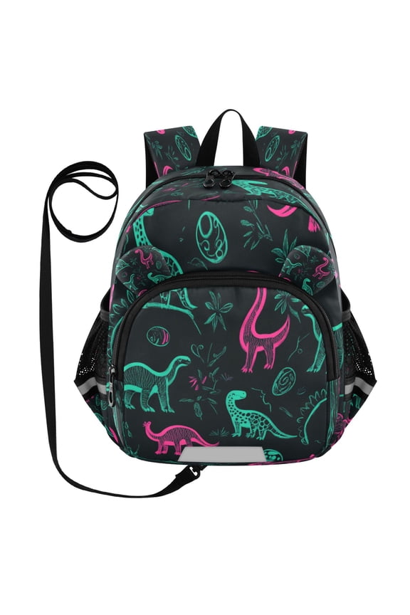 Kid's Toddler Backpack with Safety Leash Lightweight Bookbag with Reflective Strips Cute Green Dinosaurs Small
