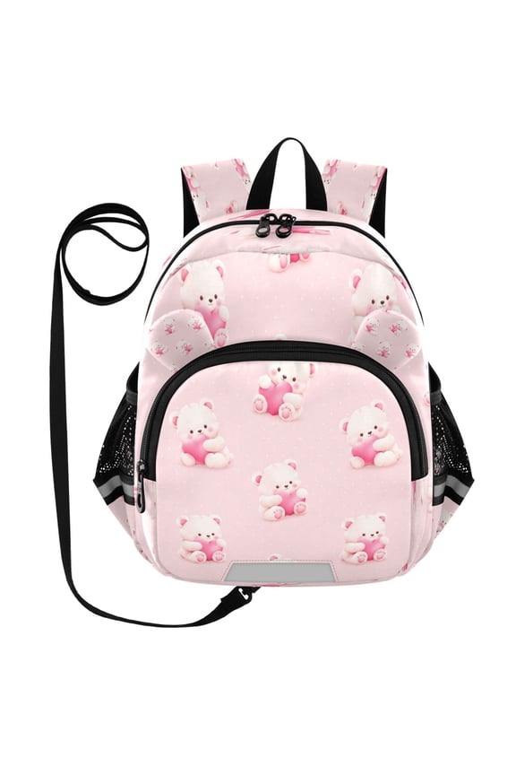 Kid's Toddler Backpack with Safety Leash Lightweight Bookbag with Reflective Strips Light White Cartoon Bear Pattern Small