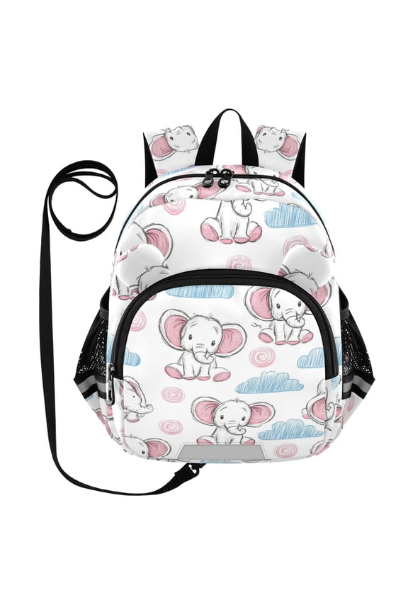 Kid's Toddler Backpack with Safety Leash Lightweight Bookbag with Reflective Strips White Elephant and Clouds Small