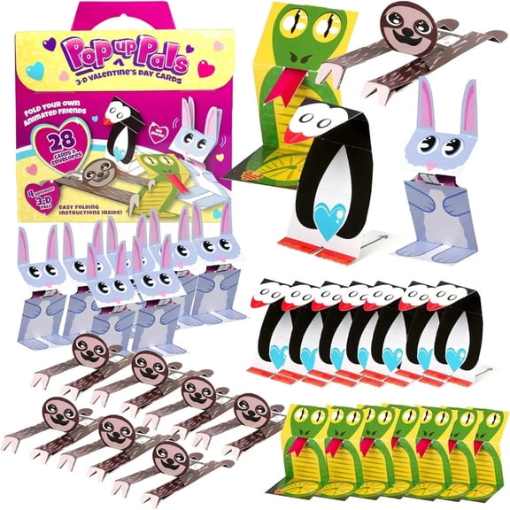 Kid's Valentine Day Origami Pet Cards & DIY Activity Sets- 28 Animal Cards Enough for the Entire Class- Individually Packed- Includes DIY Animal 3D Paper Craft & Card - Boys & Girls Classroom