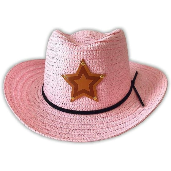 Kid's Western Cowboy Hat: Durable Straw & Polyester, Reshapeable, Fun Dress-Up & Play, Faux Leather Details, Beige/Pink