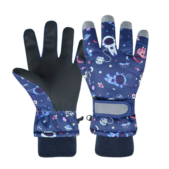 Kid's Winter Outdoor Ski Gloves Children's Girls Printing Waterproof Gloves Lined Cotton Plus Velvet Furry Toddler Girls Boys Cold-Proof Link Buckle Gloves