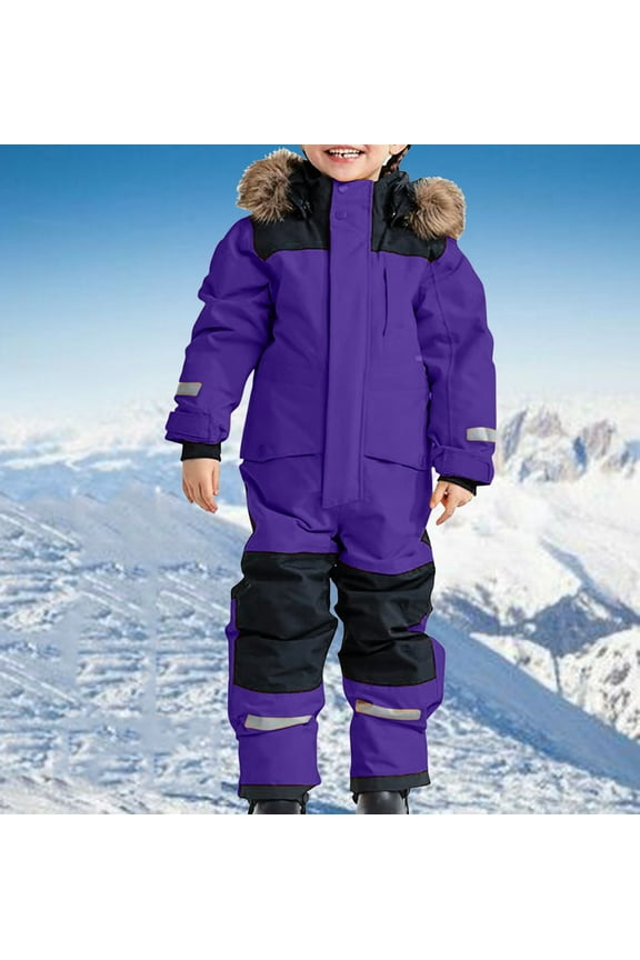 Kid's Winter Overalls Ski Suits Boy's and Girl's Waterproof Snowboard Jumpsuits One Piece Snowsuit Jackets Coats Purple 7-8 Years