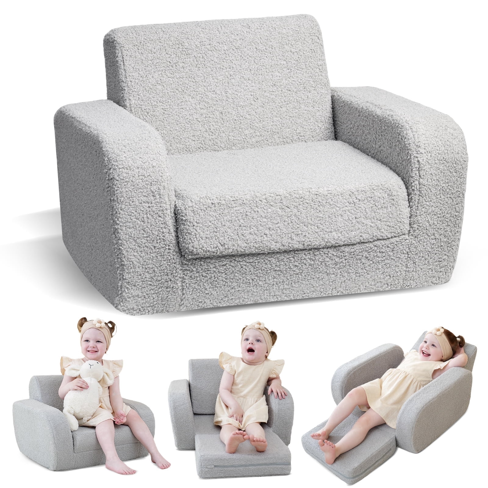 KidBloom Kids Couch, 3-in-1 Toddler Chair for Sit, Flat and Recline, Sherpa Fabric Fold Out Sofa, Sofa for Kids Boys and Girls