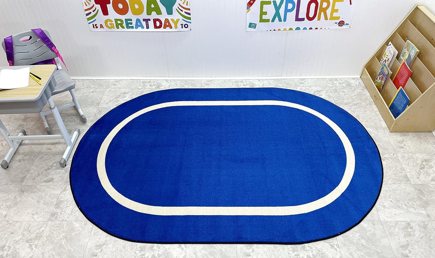 KidCarpet Montessori Classroom Rug, 4' x 6' Oval, Blue/Crme | Indoor | Carpet Rug for Home or School Learning Area, Classroom, Kid's Bedroom or Playroom