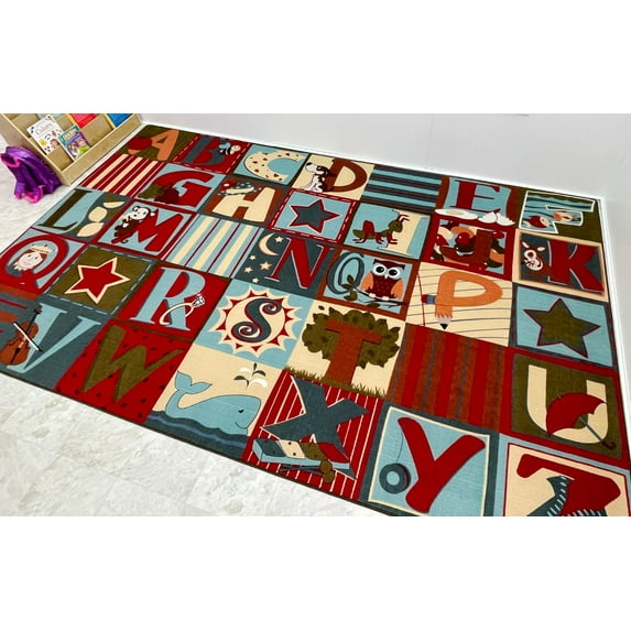 KidCarpet.com Alphabet Seating Rug Earth Tone, 7'6" X 12' Rectangle ABC Letter Area Rug for Children's Classroom Floor Mat Educational Rug for Learning