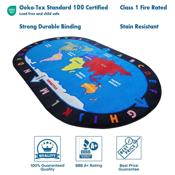 KidCarpet.com Alphabet and World Classroom Rug 7'6" x 12' Oval