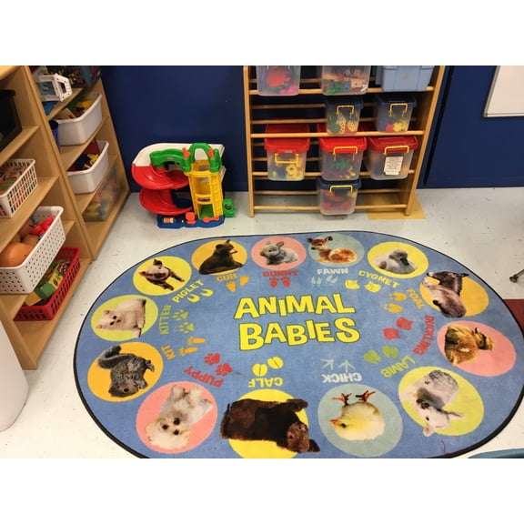 KidCarpet.com Animal Babies Preschool Oval Area Rug 7'6 x12 Toddler Classroom and Baby Playroom Decor | Seating Carpet Elementary School Rug | Educational Learning Carpet for School