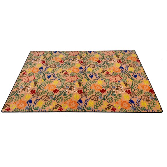 KidCarpet.com Animal Doodles Nylon Area Rug, 6' x 6', Square Multicolored on Tan | Area Rugs for Kids Playroom | Carpet for Classroom Bedroom | Animal Print Children's Rug
