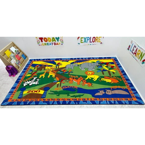 KidCarpet.com Animals at The Zoo Nylon Area Rug, 7'6" x 12', Multicolored Animals, Abc's & Numbers Learning Classroom Carpet | Educational Alphabets Childrens Rugs