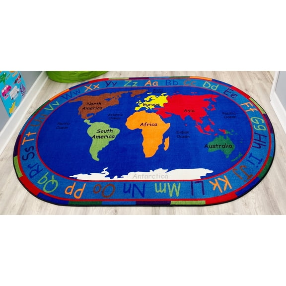 KidCarpet.com All Around The World Map Rug 7'6" x 12' Oval ABC Alphabet Educational Learning Area Rugs for Kids Preschool Kindergarten & Elementary School