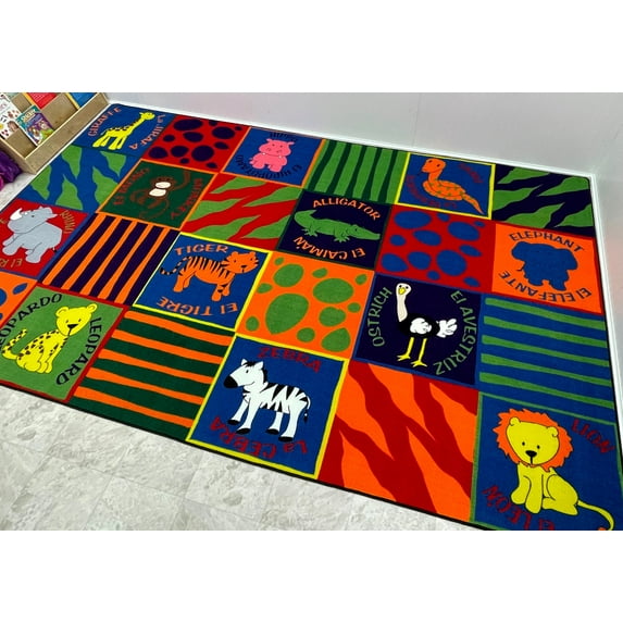 KidCarpet.com Bilingual Animals Nylon Area Rug, 7'6" x 12' Multicolored Educational Classroom Area Rug for Kids | Learning Carpets for Kids | Rugs for Bedroom Playroom Baby Toddler Children