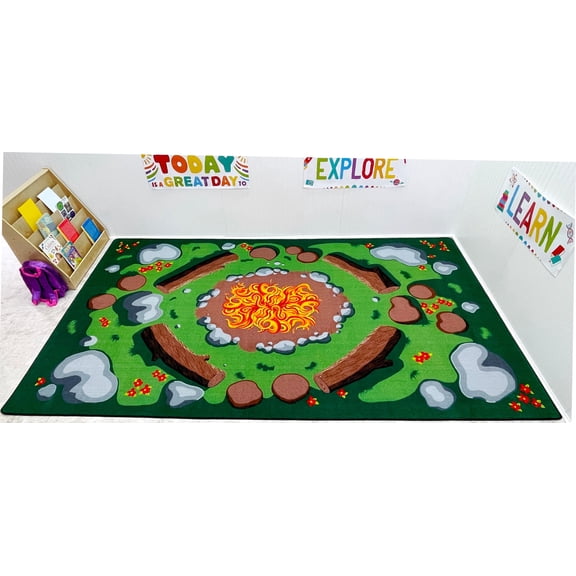 KidCarpet.com Campfire Play Rug, 7'6" x 12' Rectangle Fun Classroom Rugs Camping Carpet for Kids Nursery Room Bedroom Living Room Camp Area Decor Classroom Seating Carpet Elementary Preschool Rug