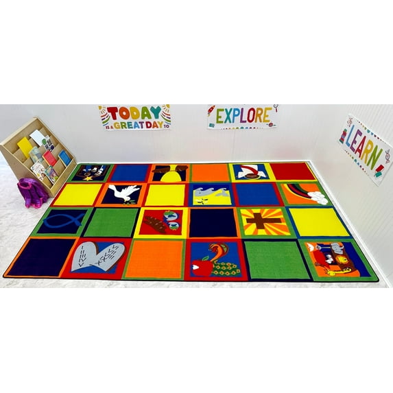 KidCarpet.com Christian Squares Nylon Area Rug, 7'6" x 12', Multicolored Classroom Seating Carpet for Preshool, Children's Classroom Rug Educational Learning Carpet