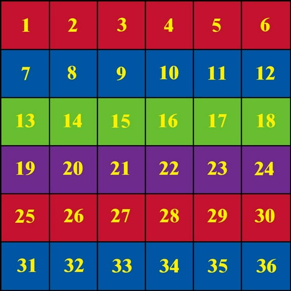 KidCarpet.com Classroom Seating Rug with 36 Squares Bright, 12' x 12' Square | Numbers Educational Learning Rug for Children's Classroom | Area Rug for Kids Playroom