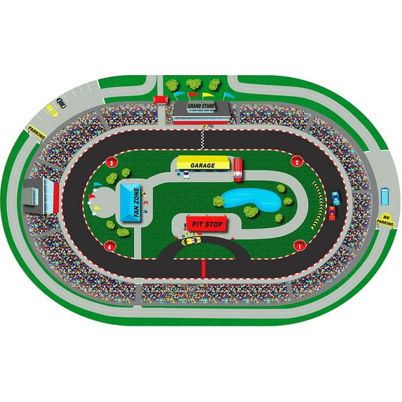 KidCarpet.com Race Car Rug, 6' x 8'6" Oval Race Track Play Rug | Educational Learning Rug for Children's Classroom | Area Rug for Kids Playroom or Bedroom