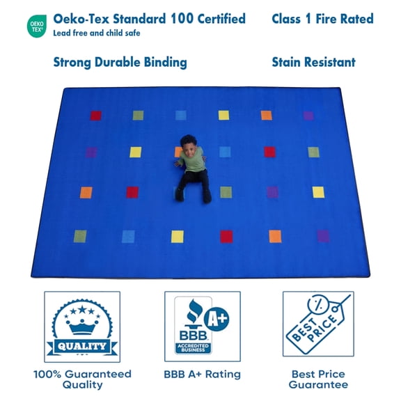 KidCarpet.com Seating Squares Multi on Blue Rug 24 Area Rug for Classroom 7'6" x 12'' | School Rugs for Children's | Kids Playroom Rug | Carpet for Kids Room Nursery Home Décor
