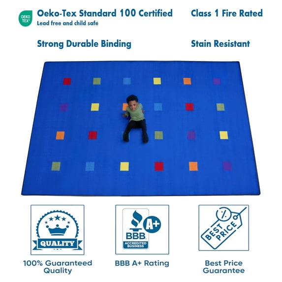 KidCarpet.com Seating Squares Multi on Blue Rug 24 Area Rug for Classroom 7'6" x 12'' | School Rugs for Children's | Kids Playroom Rug | Carpet for Kids Room Nursery Home Décor