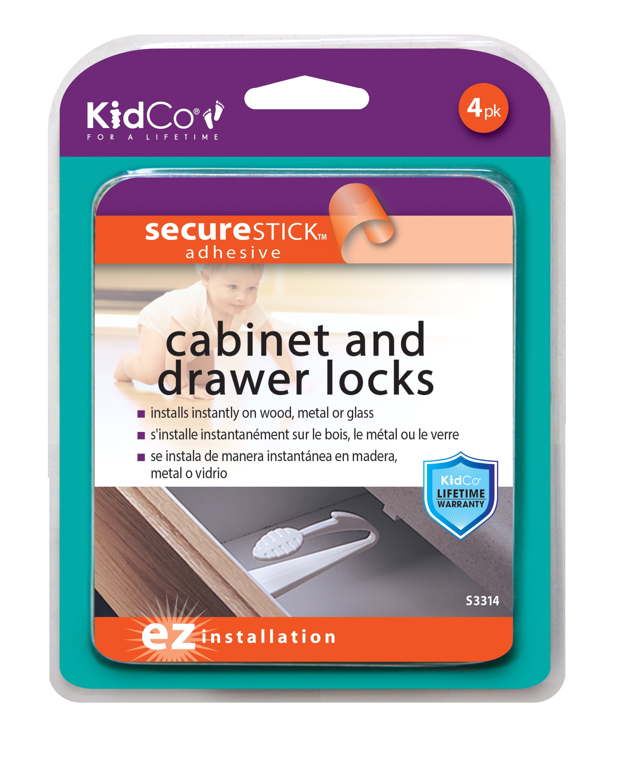 KidCo Adhesive Mount Lock for Child Safety, 4/Pack, Plastic, White