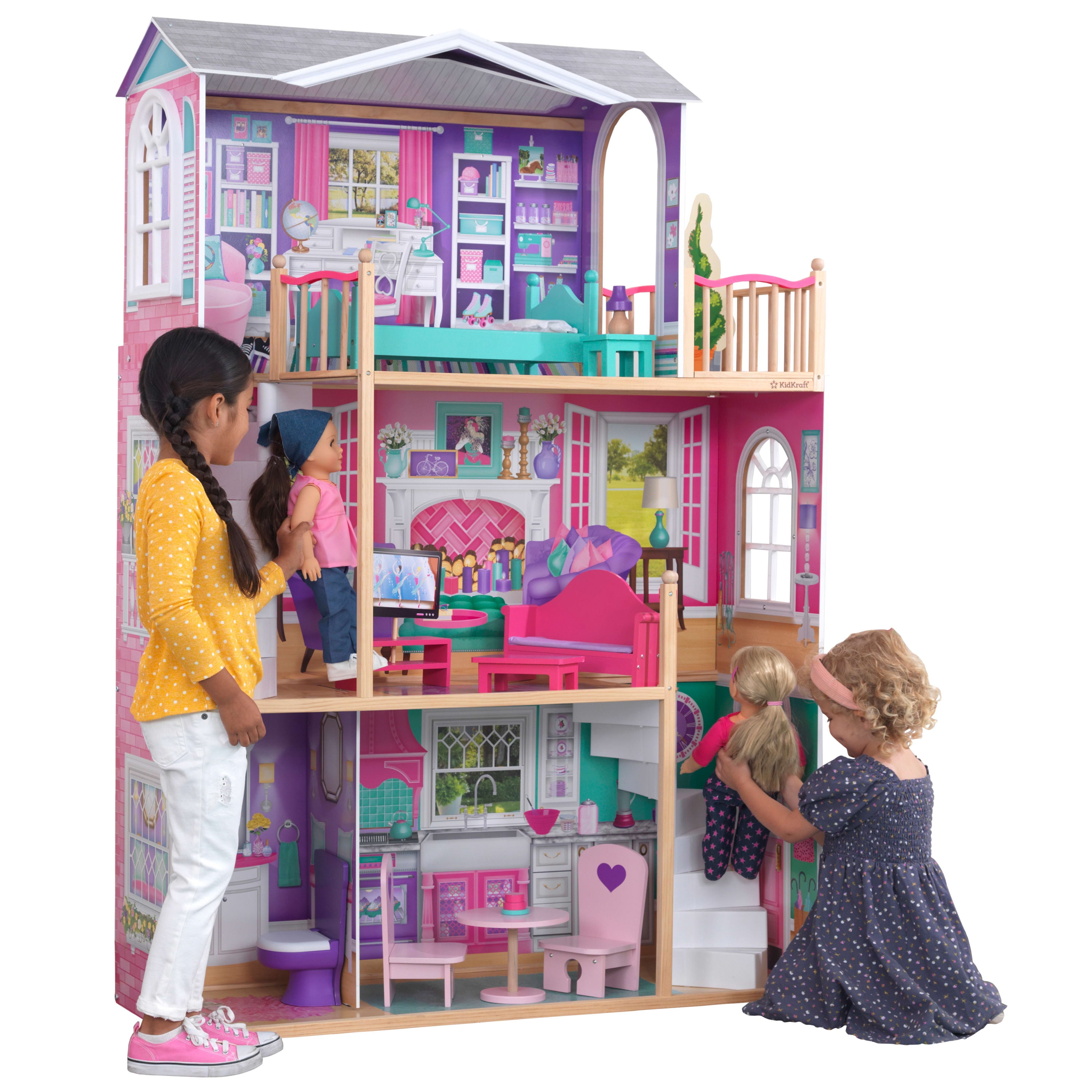 Costway Wooden Dollhouse For Kids 3-Tier Toddler Doll House W/Furniture  Gift For Age 3+