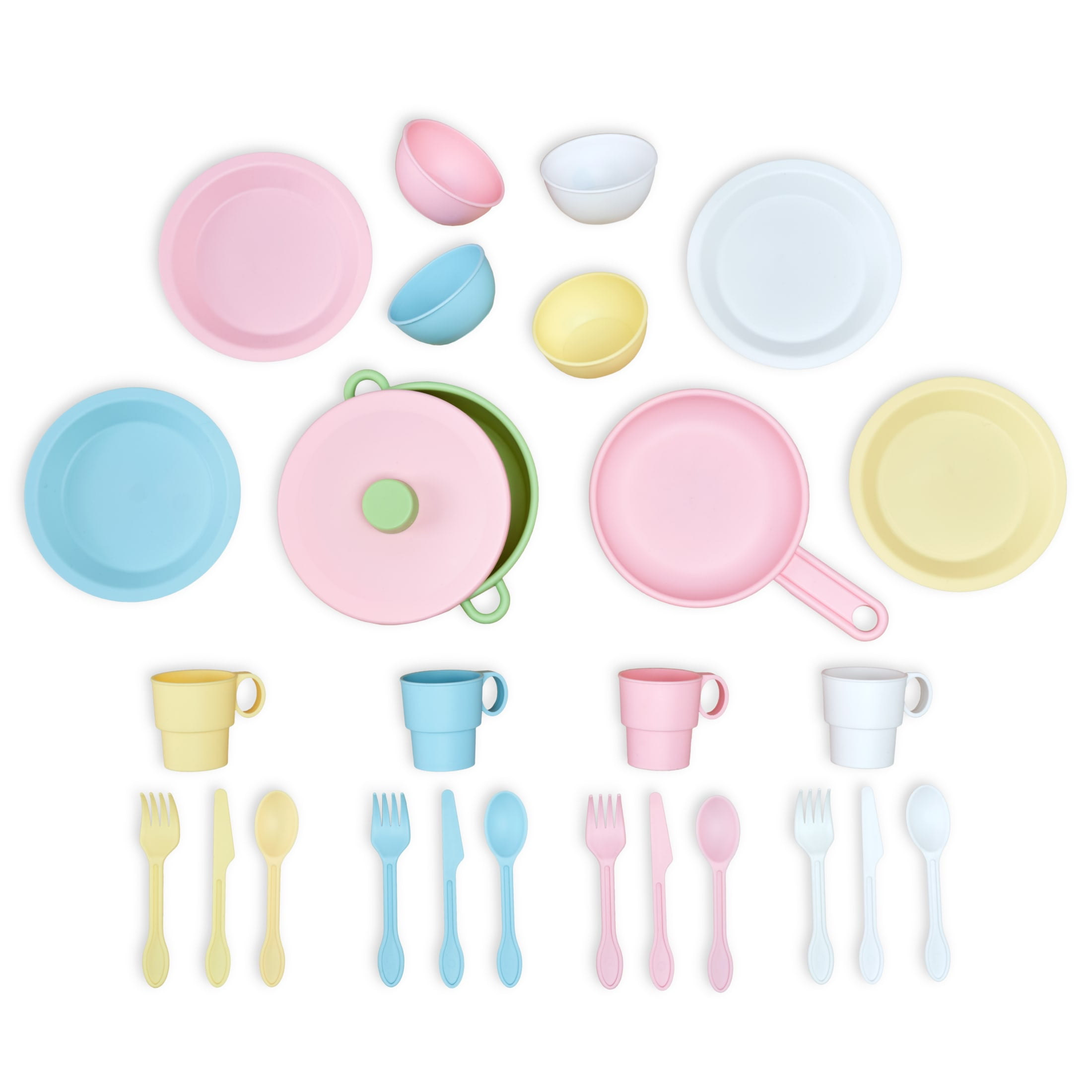 KidKraft 27 Piece Pastel Cookware Set Plastic Dishes and Utensils for Play Kitchens