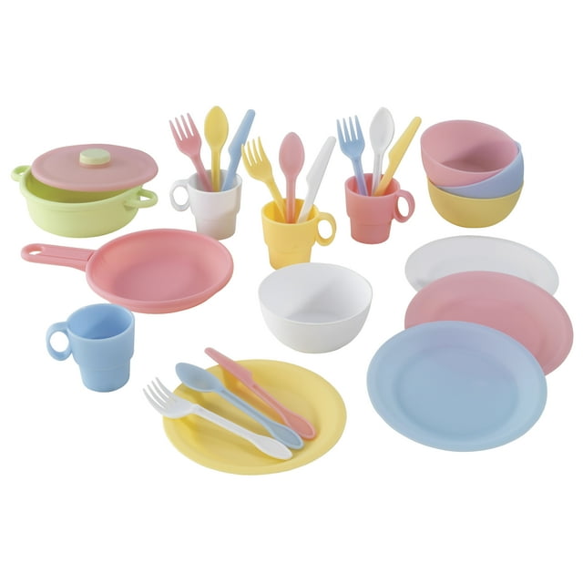 KidKraft 27-Piece Pastel Cookware Set, Plastic Dishes & Utensils for Play Kitchens