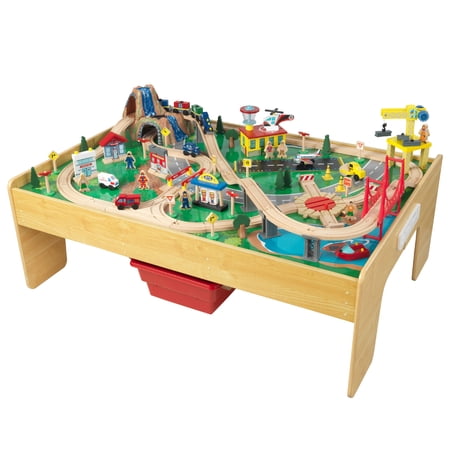 KidKraft Adventure Town Railway Wooden Train Set & Table with 120 Accessories and Storage Bins