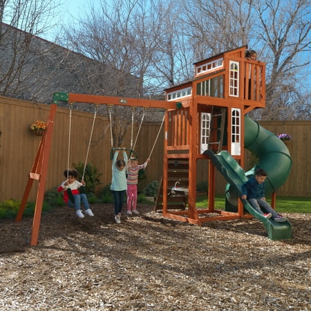 KidKraft Austin Wooden Outdoor Swing Set with Slides, Swings, Kitchen and Rock Wall