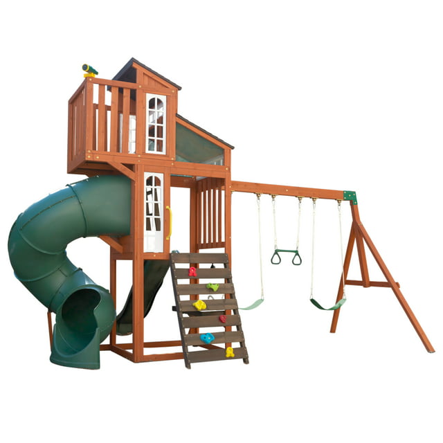 KidKraft Austin Wooden Outdoor Swing Set with Slides, Swings, Kitchen and Rock Wall