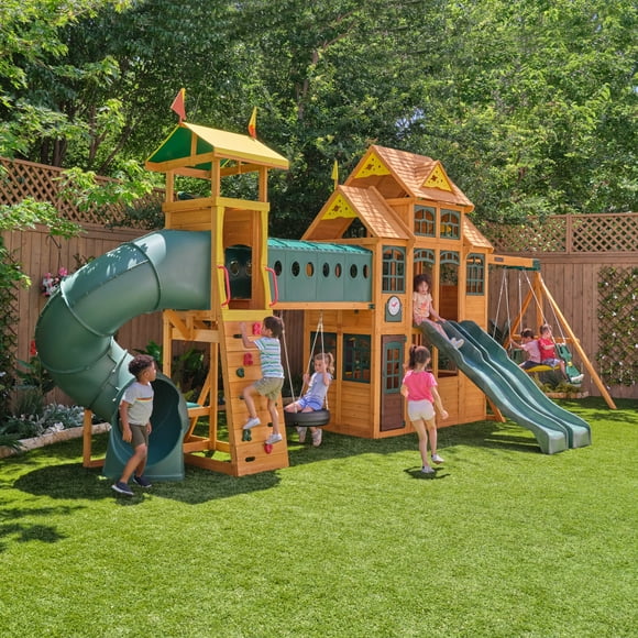 KidKraft Bear Cave Lodge Swing Set with 2 Swings and Tunnel