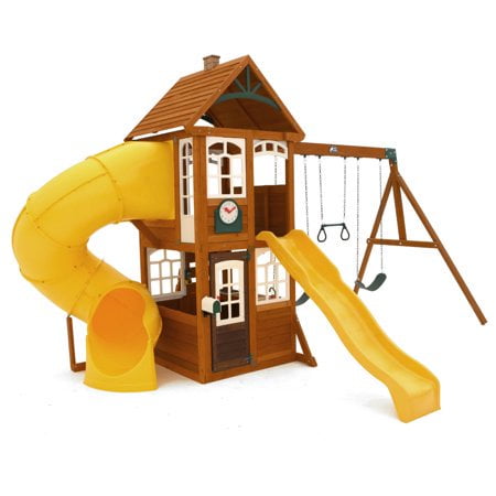 KidKraft Castlewood Wooden Swing Set / Playset with Clubhouse, Mailbox, Slide and Play Kitchen