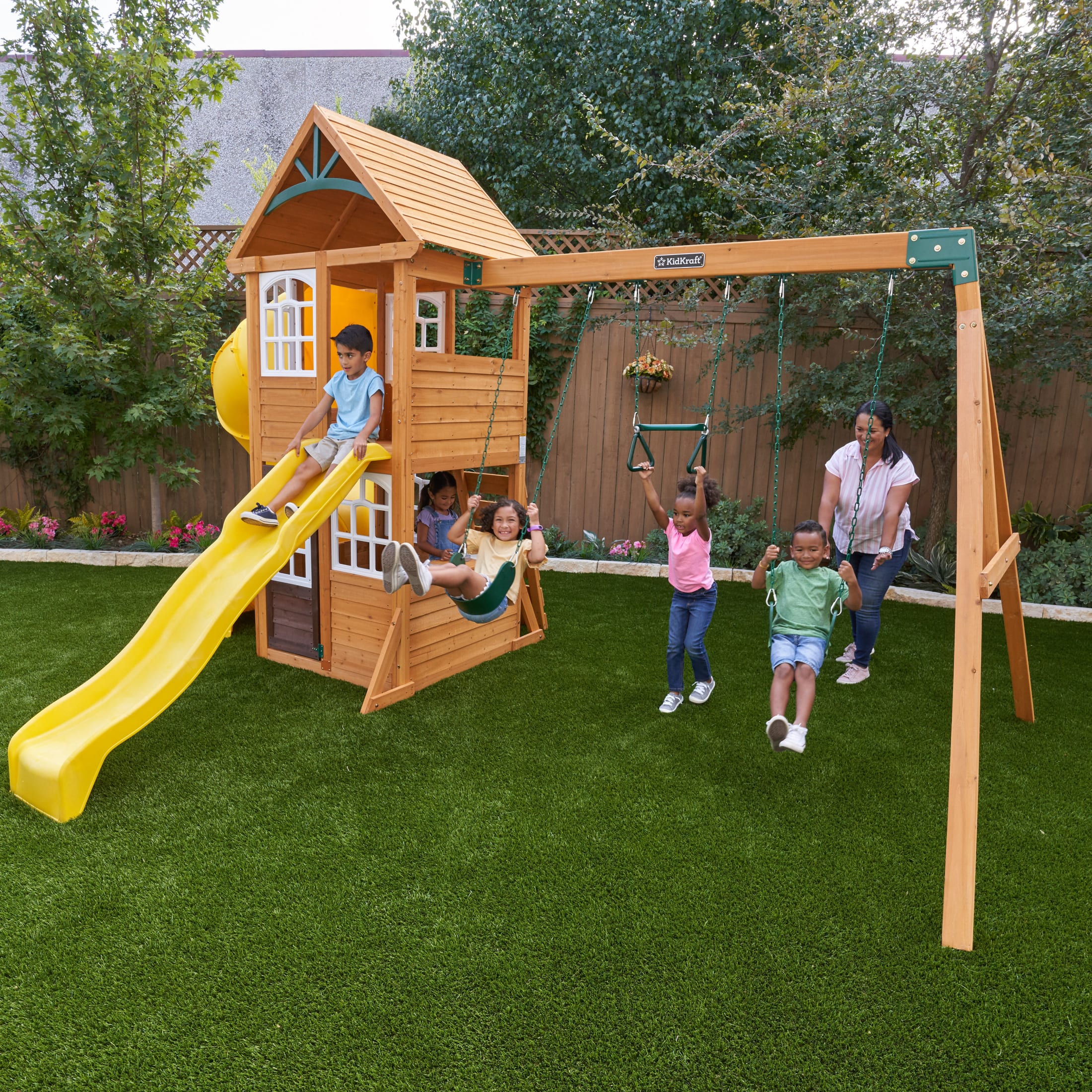 KidKraft Castlewood Wooden Swing Set / Playset with Clubhouse, Mailbox, Slide and Play Kitchen - image 1 of 10