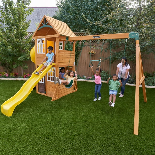 KidKraft Castlewood Wooden Swing Set / Playset with Clubhouse, Mailbox, Slide and Play Kitchen
