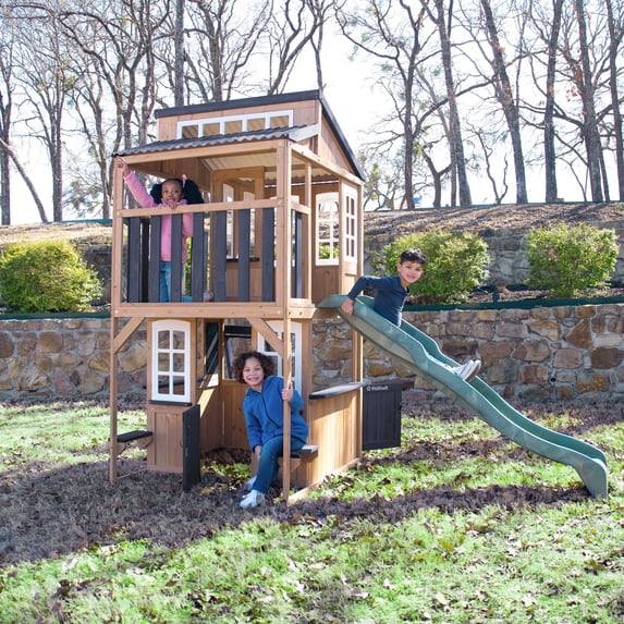 KidKraft Cliffbrook Wooden Outdoor Two-Story Playhouse with Slide