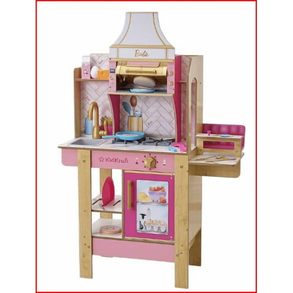 KidKraft Cook with Barbie Wooden Play Kitchen with Lights, Sounds, Water-Reveal Food and 30 Accessories