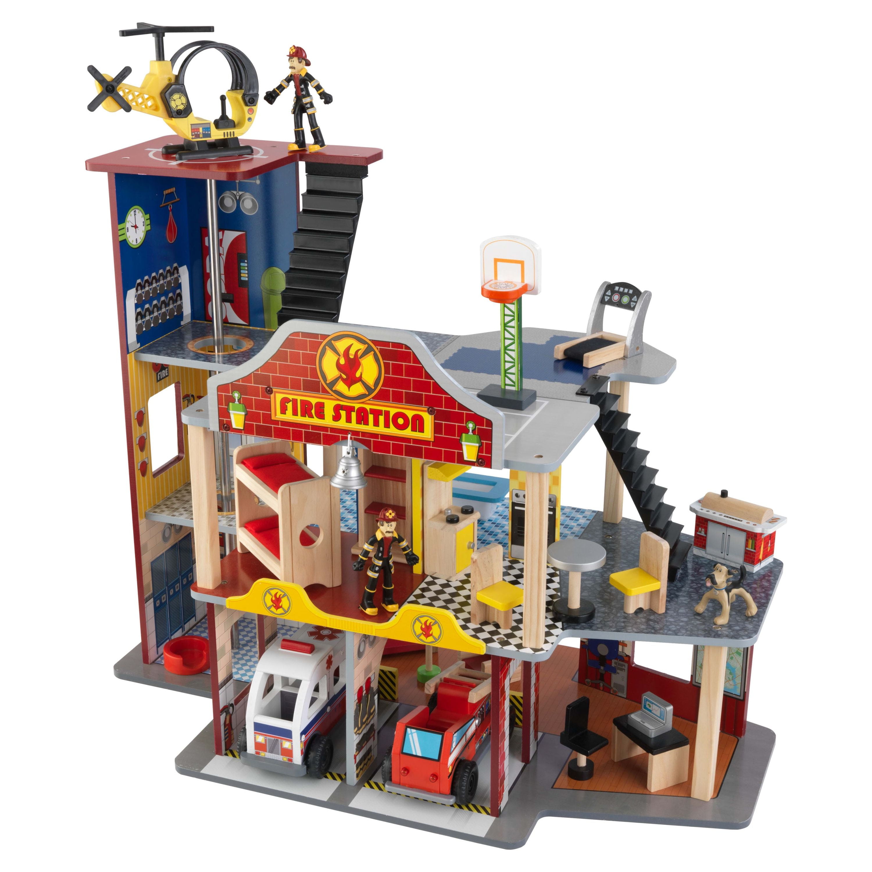 Sustainable Wood Toy Hape Large Fire Station Playset With Battery-Powered  Alarms, Fire Fighter, Rescue Dog And Helicopter. 3 years +